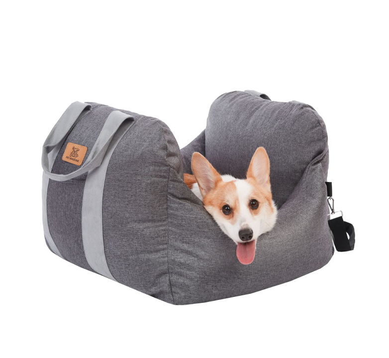 Small dog sitting comfortably in gray travel car seat – Pet Awesome