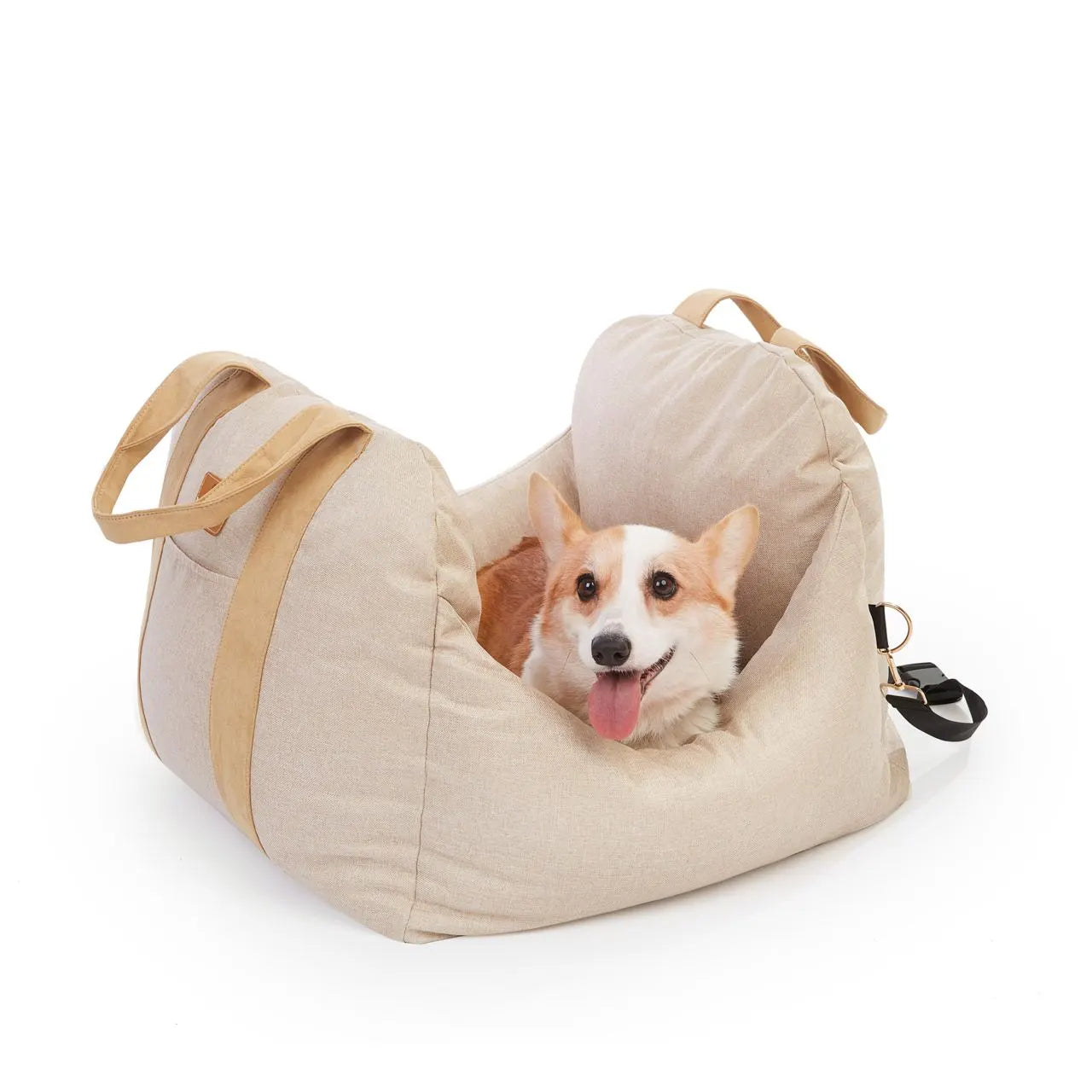 Corgi sitting in beige Pet Awesome dog car seat with safety belt