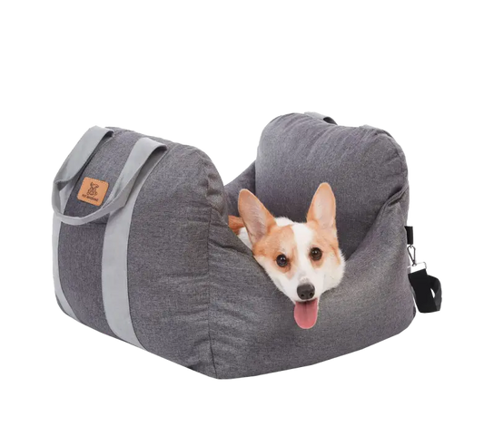 Corgi smiling in Pet Awesome grey dog car seat showing side handles and safety straps