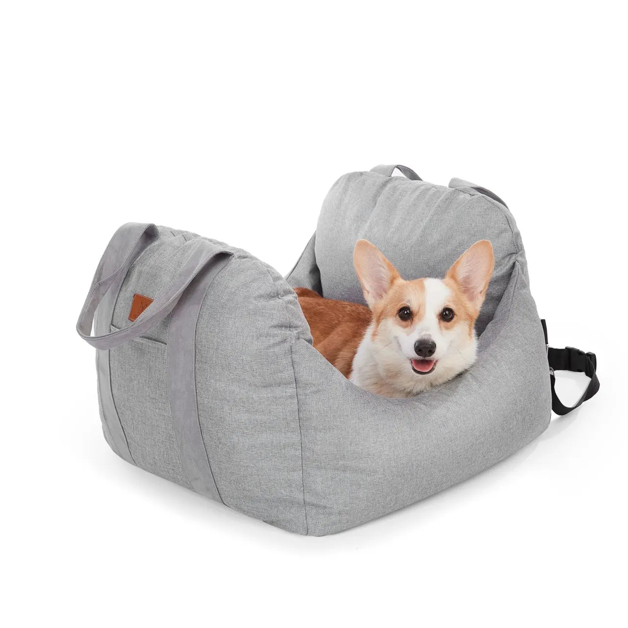 Corgi resting in grey Pet Awesome dog car seat for travel safety
