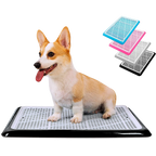 Corgi on Pet Awesome black dog potty tray with additional pink, blue, and white options
