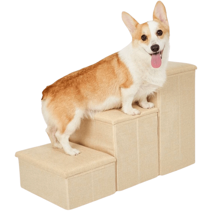Corgi standing on beige Pet Awesome dog stairs for bed or sofa access