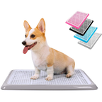 Corgi on grey Pet Awesome dog potty tray with pink, blue, black variants