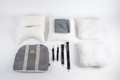 Grey Pet Awesome dog car seat cushions and belts displayed on white background