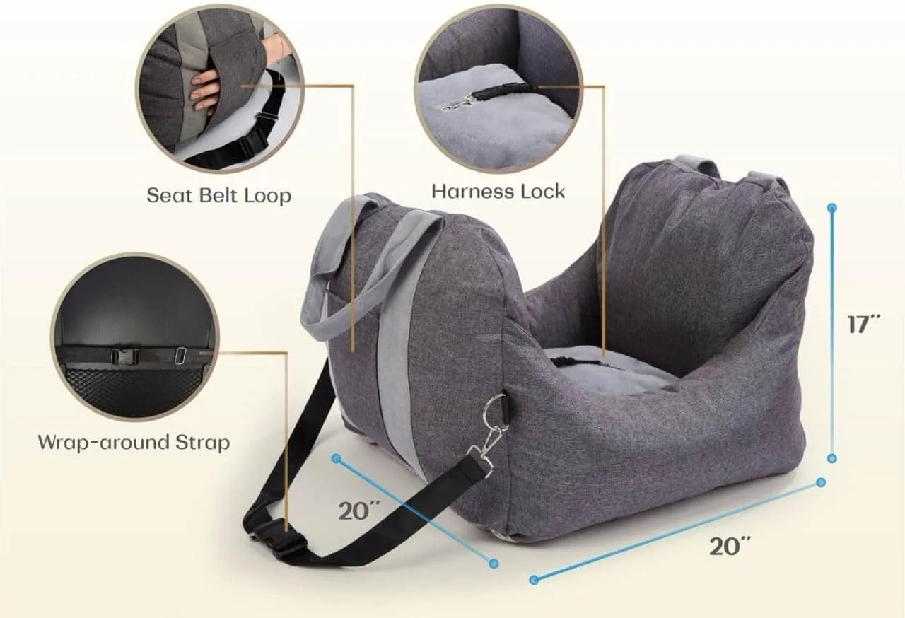 Pet Awesome dog car seat dimensions and features diagram with seatbelt loop and harness lock