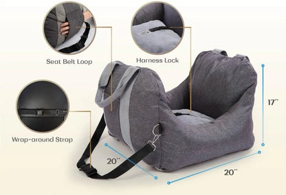 Pet Awesome dog car seat dimensions and features diagram with seatbelt loop and harness lock