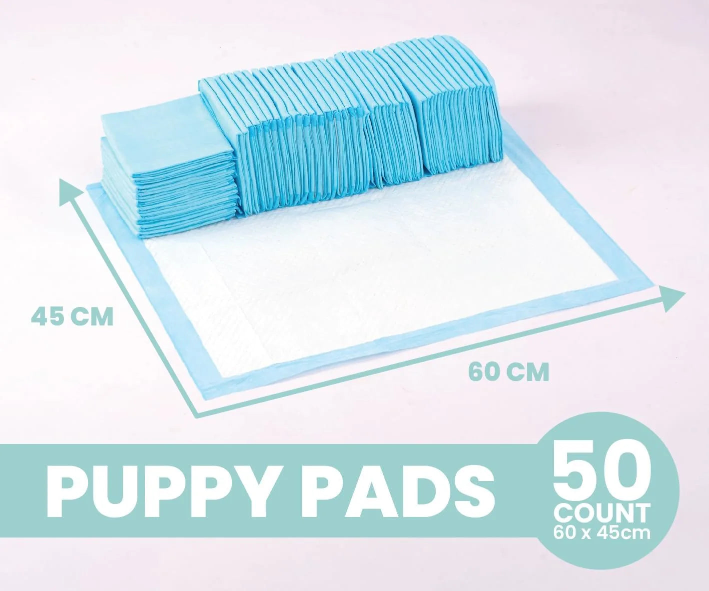 Stack of 50 Pet Awesome dog pee pads measuring 60 x 45 cm with product dimensions displayed