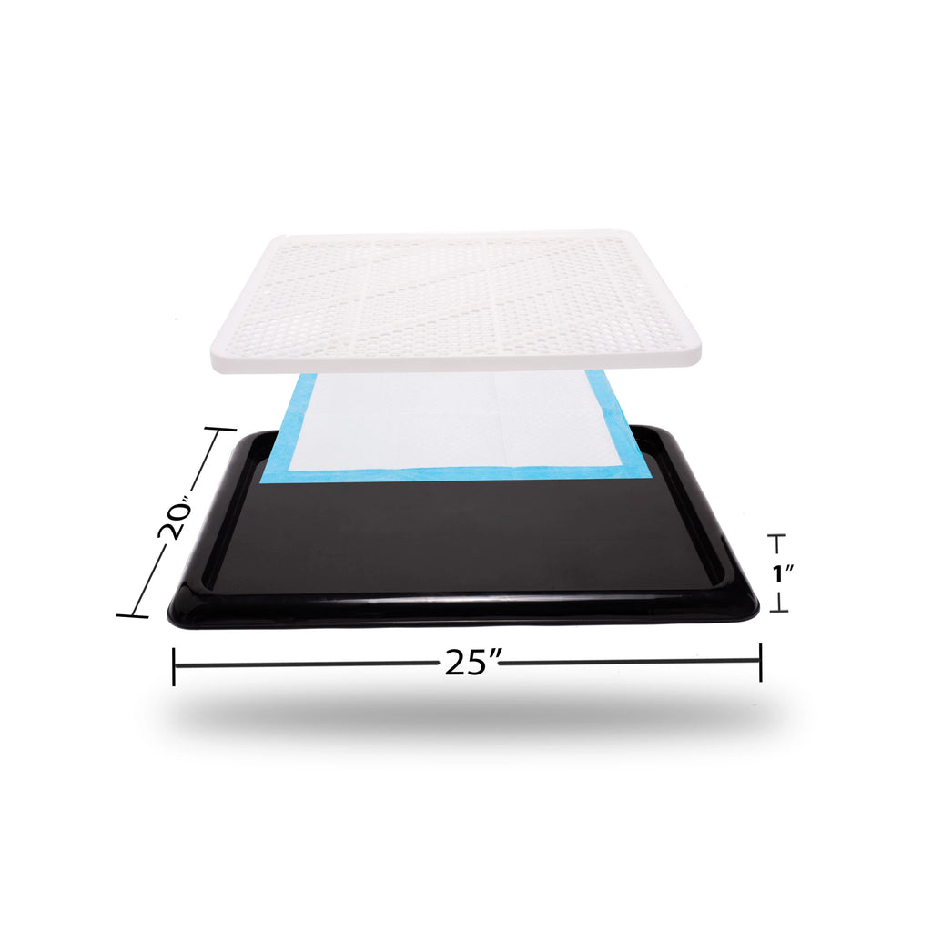 Exploded view of Pet Awesome dog potty tray with pad layer and size dimensions 25x20x1 inches