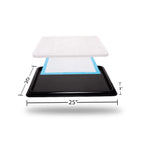 Exploded view of Pet Awesome dog potty tray with pad layer and size dimensions 25x20x1 inches