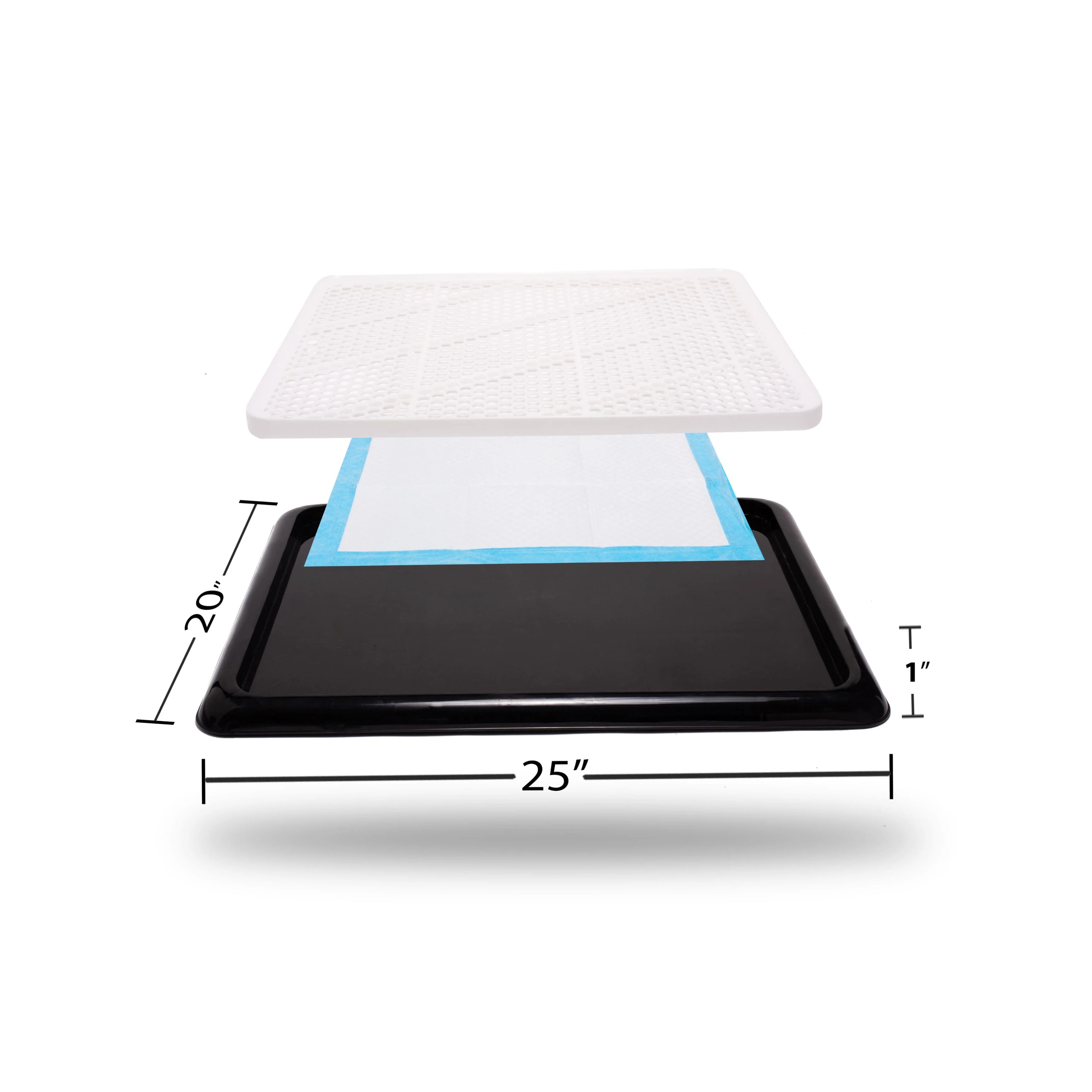 Exploded view of Pet Awesome dog potty tray with pad layer and size dimensions 25x20x1 inches