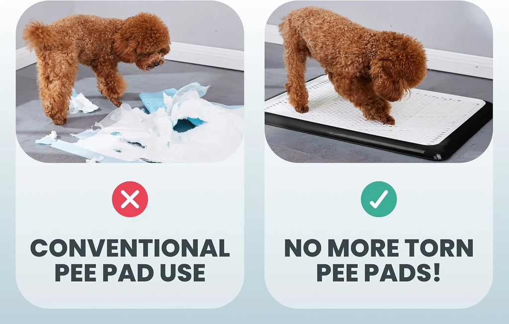 Comparison between conventional pee pad and Pet Awesome dog potty tray showing no mess solution