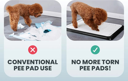 Comparison between conventional pee pad and Pet Awesome dog potty tray showing no mess solution
