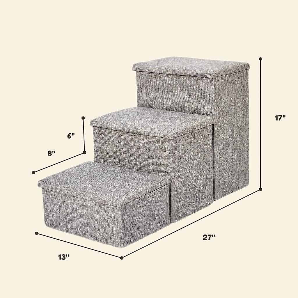 Pet Awesome grey dog stairs with size dimensions labeled for height, width, and step depth