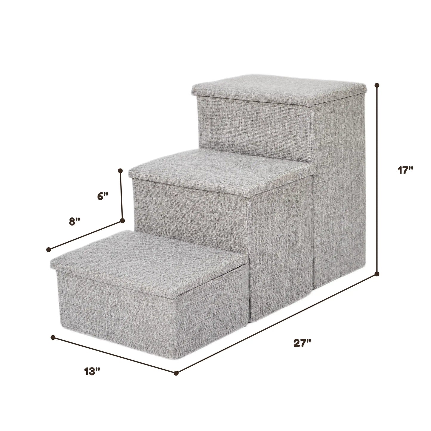 Size chart showing dimensions of Pet Awesome grey dog stairs: 27x13x17 inches