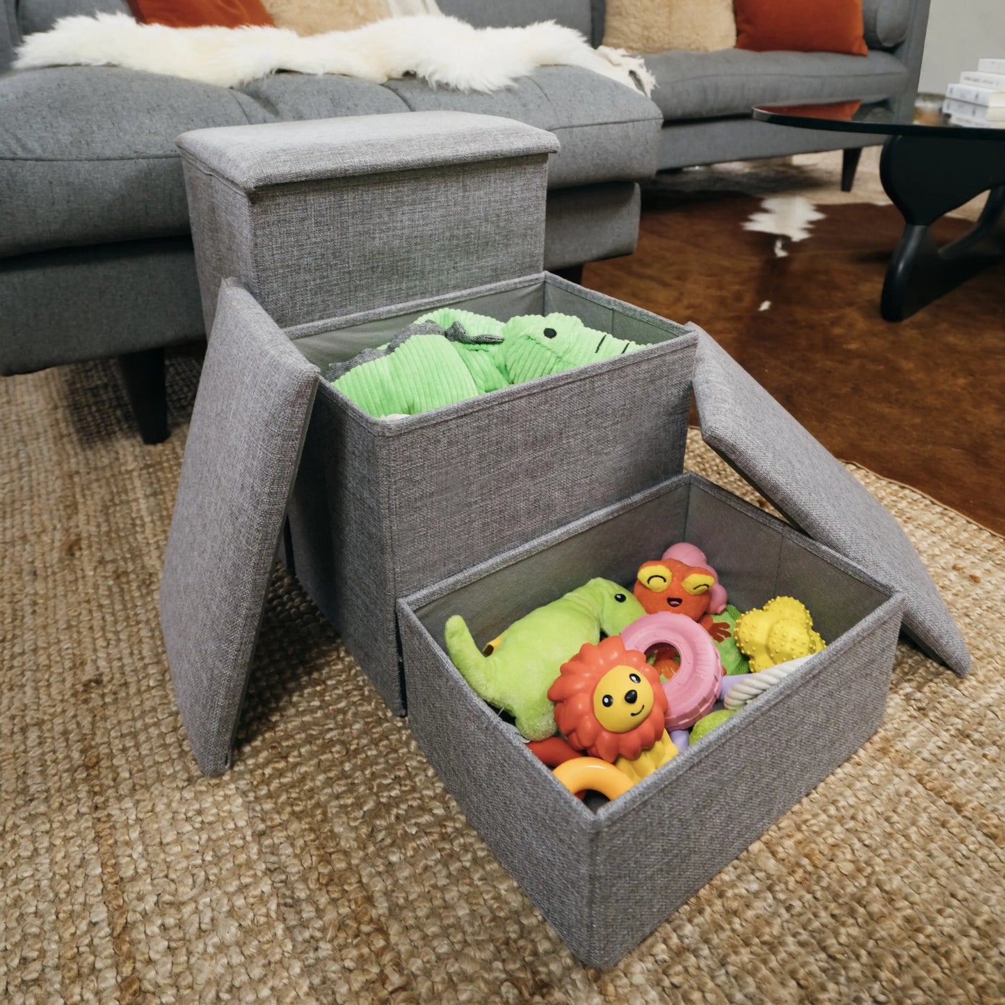 Pet Awesome grey dog stairs with hidden storage compartments filled with dog toys