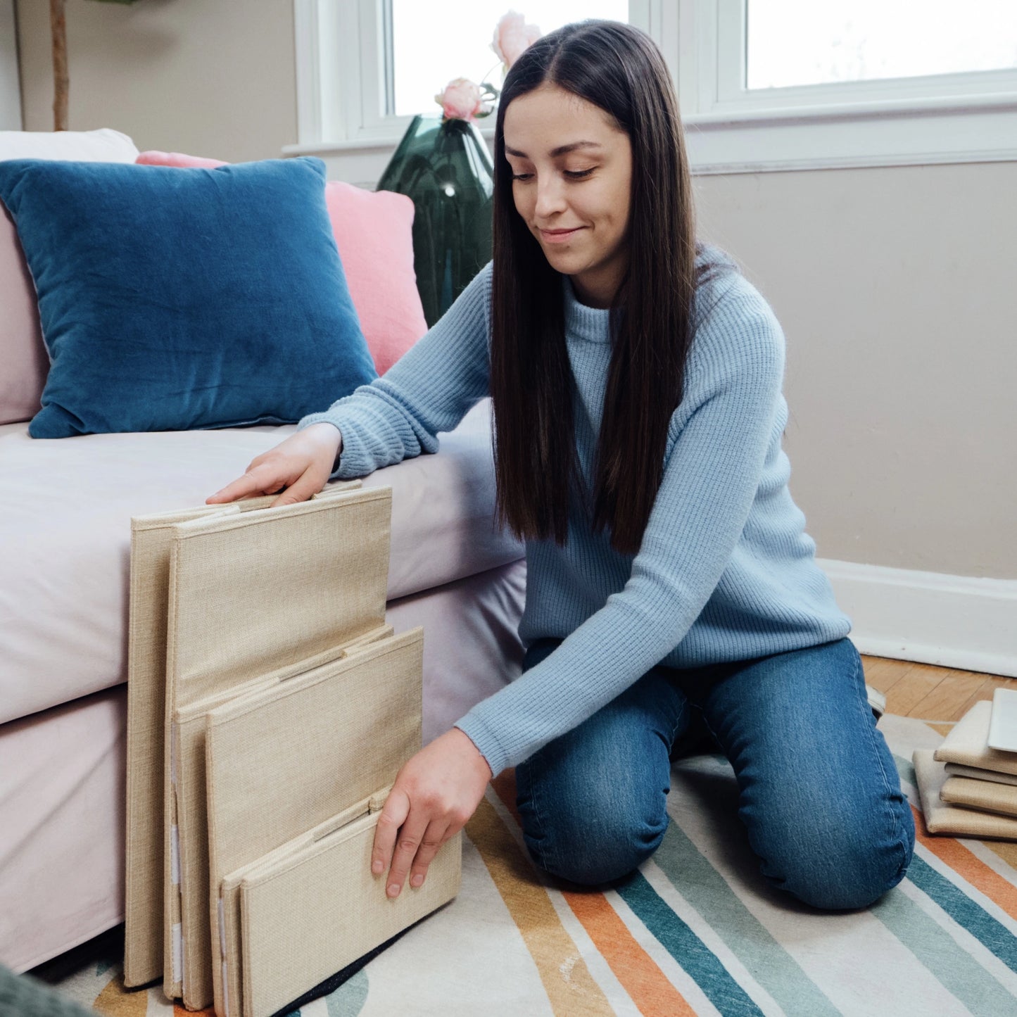 Foldable Pet Awesome beige dog stairs for easy storage beside sofa