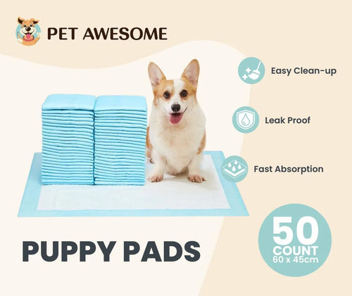 Pet Awesome Puppy Pads infographic showing easy cleanup, leak-proof protection, and fast absorption