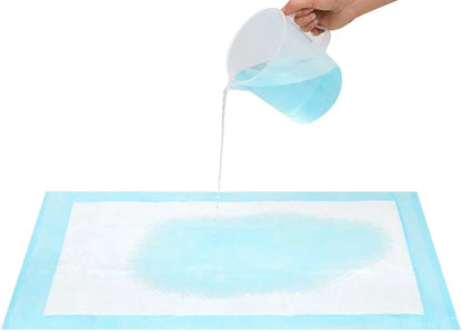Water being poured on Pet Awesome pee pad showing fast liquid absorption and leak protection