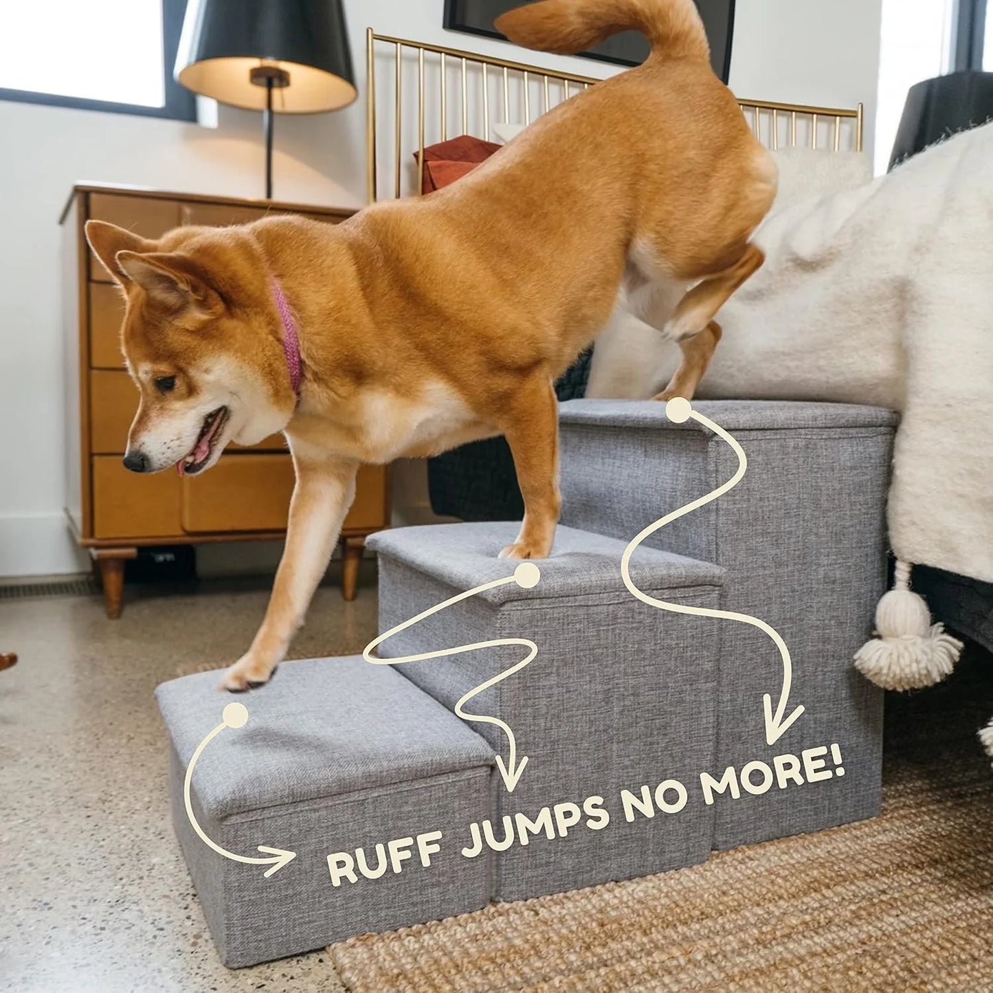 Shiba Inu using Pet Awesome grey dog stairs with playful ‘Ruff jumps no more’ graphic overlay