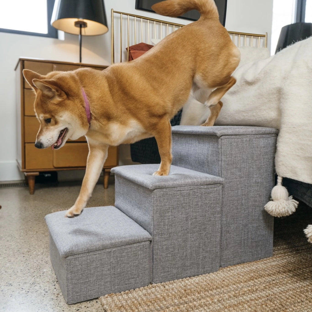 Shiba Inu using grey Pet Awesome dog stairs beside modern bed