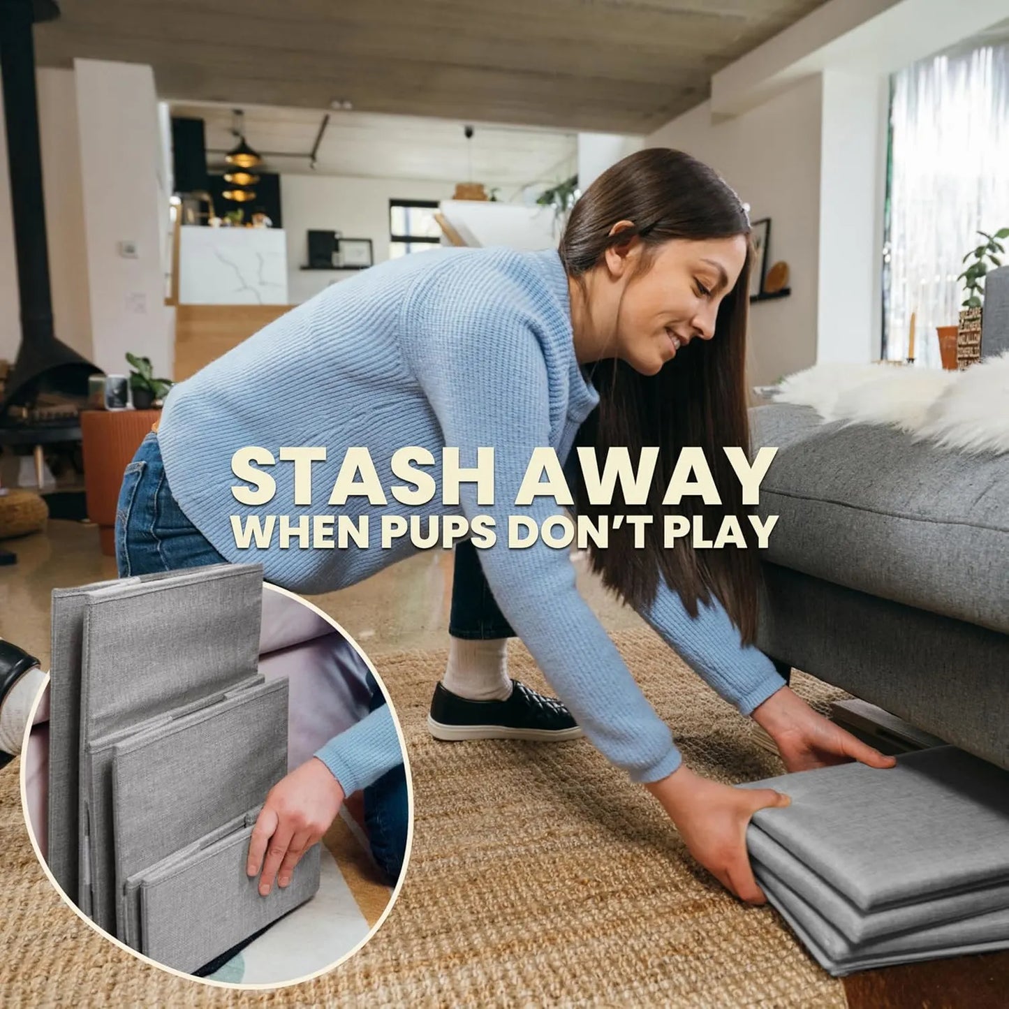 Woman folding and storing Pet Awesome grey dog stairs under couch with ‘Stash away’ text
