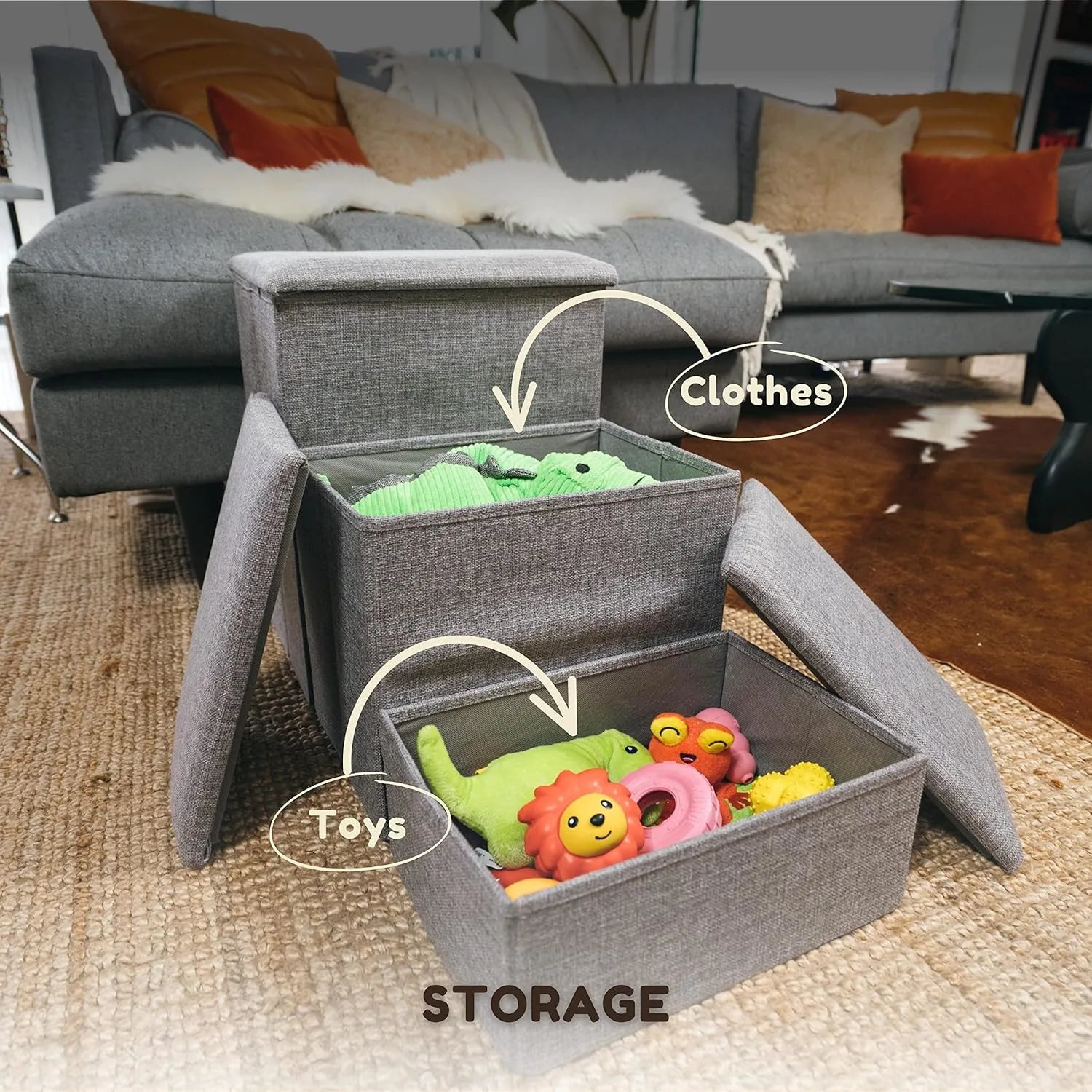 Grey Pet Awesome dog stairs used as toy and clothing storage box for pets