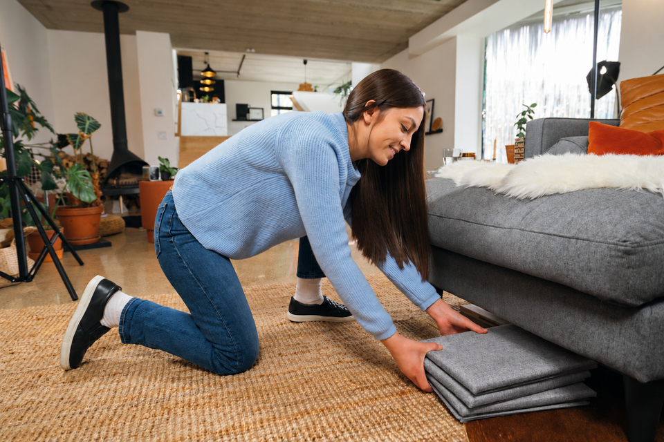 Woman sliding folded grey Pet Awesome dog stairs beneath a sofa