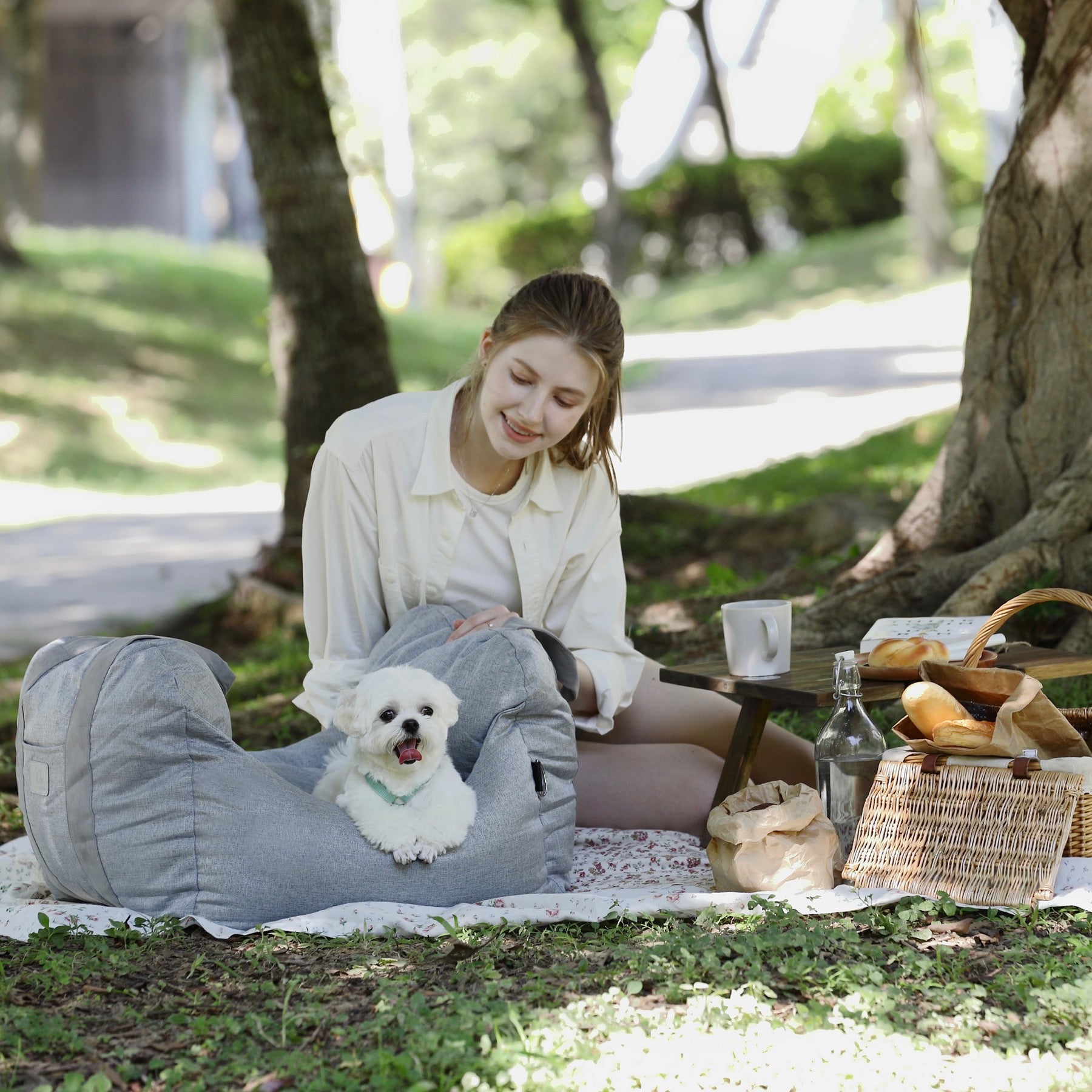 Maltese relaxing in a grey Pet Awesome car seat at an outdoor picnic with its owner